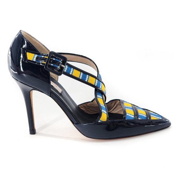 L.K. BENNETT Monica Criss-Cross Pointed Toe Pump Navy Patent Leather - Picture 4 of 9